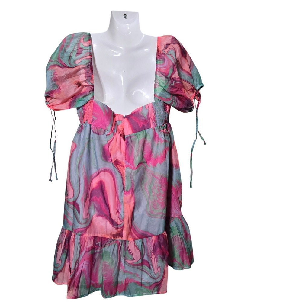 Amanda Richardson Pink Floral Babydoll Dress L Puff Sleeve Tie Front CottageCore - Picture 8 of 13